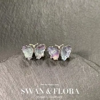 Обеци-карамфил от флуорит естествен 925 сребро с пеперуди за жени, подарък за бижута, което предотвратява алергии, бижута от скъпоценни камъни, от естествен камък