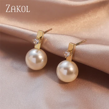ZAKOL Елегантни Кръгли обеци-карамфил с имитация на перли за жени, модни бижута сватба златен цвят, за годеж