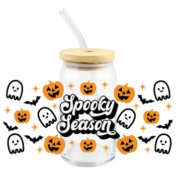 Стикер за тайна чаши Хелоуин UV DTF Водоустойчив 3D Стикери за прехвърляне на 16 унции Libbey Glass Mug Jumbie Pumpkins на Едро