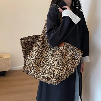 Модни дамски Чанти През рамо с леопардовым Принтом От Изкуствена Кожа с голям Капацитет, госпожа чантата си и Чанта за пазаруване, Големи Пътни Чанти bolsa