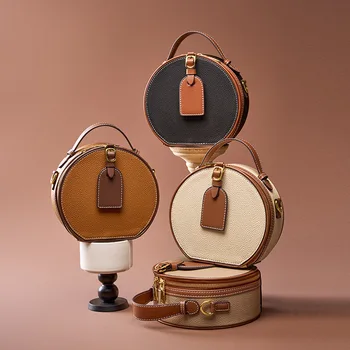 Луксозна дизайнерска дамска чанта от естествена кожа, дизайнерски проста кръгла чанта в ретро стил, модерна чанта-месинджър през рамо високо качество