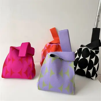 модни мини чанта с ръчно плетени 20x35 см, женска чанта на китката с възел, ежедневни чанти-тоут за момичета, торби за многократна употреба за пазаруване