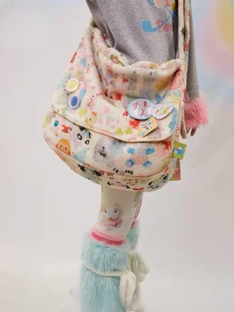 Реколта чанта през рамо от овче руно в японски стил харадзюку с анимационни принтом, зимни ежедневни чанти през рамо за момичета голям капацитет Ins