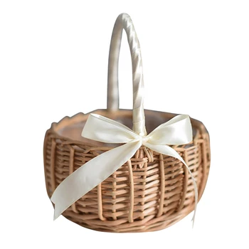 Ракита, кошница за цветя с дръжка и бяла панделка, сватбени кошници за цветочниц, за декорация на дома и градината (L)