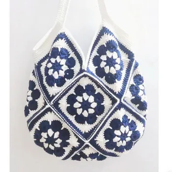 Чанта ръчна изработка на бабушкину клетка в стил мозайка, синьо-бялата керамика, модел, просто елегантна дамска чанта