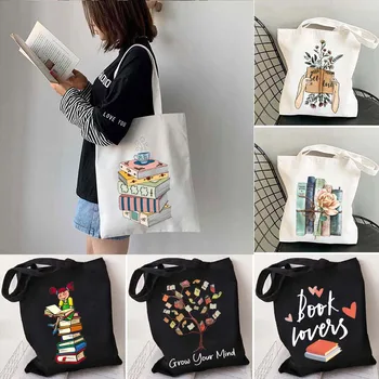 Эстетичные книга с цветен модел, чанта през рамо, Литературна книга, Цвете багажник, Холщовая чанта-голяма пазарска чанта, памук, чанти за момичета, пътни чанти в стил харадзюку
