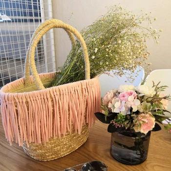 Плажна чанта-тоут За нова плетени чанти с ротанговой дръжка, сламена чанта за отдих, луксозни дамски чанти с пискюли, дизайнерски кош за пазаруване