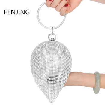 Вечерни чанти с кръгла топка от планински кристал за жени 2023, модерен мини-клатч с пискюли, дамски кръгла чанта с пръстен