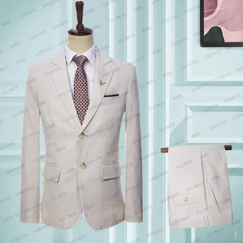 Луксозен мъжки костюм Сватбен 2023 Светло хакове, однобортный официален бизнес яке, тънък костюм-двойка (яке + панталон)