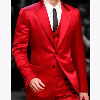 Приталенные червени мъжки костюми за бала на Певицата на Сцената от 3 части Сатен, сватбен смокинг младоженеца Мъжки модерен яке, Жилетка с панталони 2023