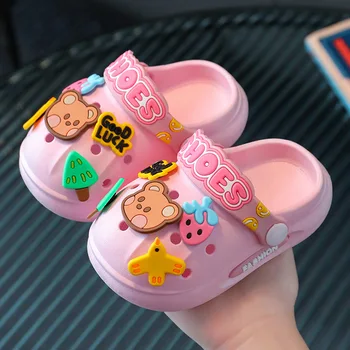 Детски обувки, плажни сандали с сладък Мечок от анимационен филм, летни чехли за бебета, висококачествени меки детски улични чехли на дебела подметка, нескользящие
