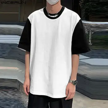 Модни Върхове в Разговорния Стил INCERUN, Мъжки, Черно-Бели Тениски с контрастиращи шевове, Мъжки Ризи с Двойно деколте и Къси Ръкави Camiseta S-5XL 2023