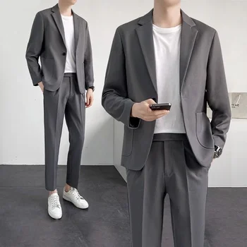 Мъжки костюм свободно намаляване в корейски стил оверсайз, яке и панталони с високо качество, обикновен комплект костюми