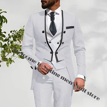 Бели, Мъжки Костюми, Сватбени Смокинги Младоженеца Slim Fit Бизнес Всекидневен Костюм За Мъже От 3 части (Яке + Жилетка + Панталони) Костюм Homme