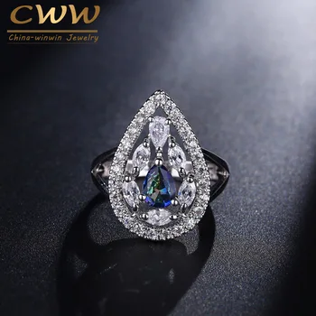CWWZircons Нов прием на 2017 г., женски пръстен елегантна форма с мистично синьо кристал и кубическим цирконием С огнения камък Rianbow R056