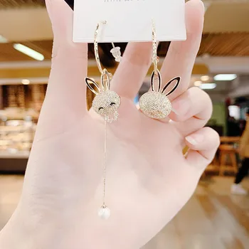Изящни миниатюрни инкрустиран обеци-зайци, Сладки асиметрични персонализирани обеци за жени и мъже, подарък за парти