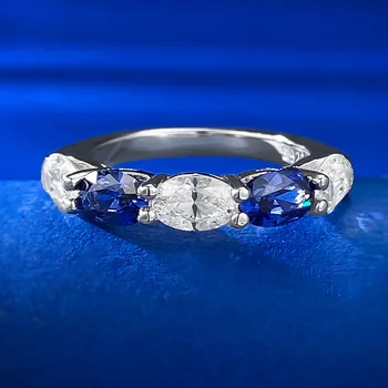 S925 Сребърен пръстен с овално бял диамант 4 * 6, танзанийское пръстен със син диамант в редица за жени в европейския и американския стил Ins
