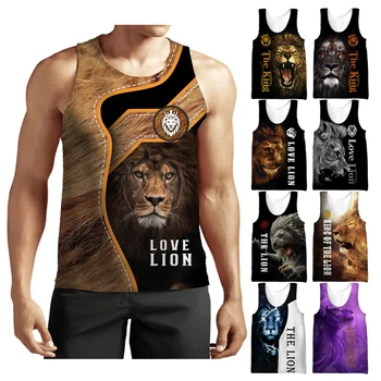 Мъжките тениски с 3D принтом лъв, летни стръмни върхове с шарките на животното вълк в стил Харадзюку, жилетка без ръкави за фитнес, културизъм, фитнес зала, мускулите