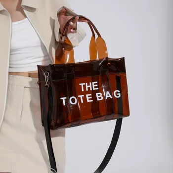 Дамска пътна чанта-тоут с надпис Прозрачни чанти с горната дръжка, ежедневни желейная чанта, изработена от PVC, прозрачни летни плажни чанти в ярки цветове за почивка